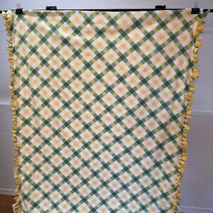 Yellow and Green Check Fleece Blanket Throw Handmade #33 (51.5in W X 68in L)